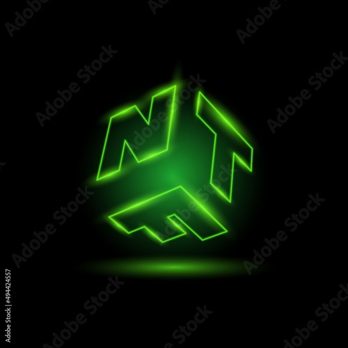 Green Neon NFT text icon. NFT Abbreviation on the faces of a 3D cube figure with laser projection.