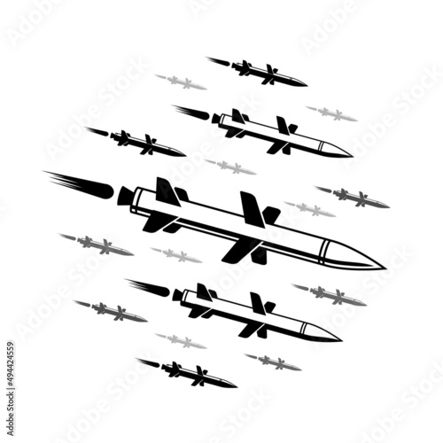 Flying cruise missiles. Massed missile strike vector black military illustration.