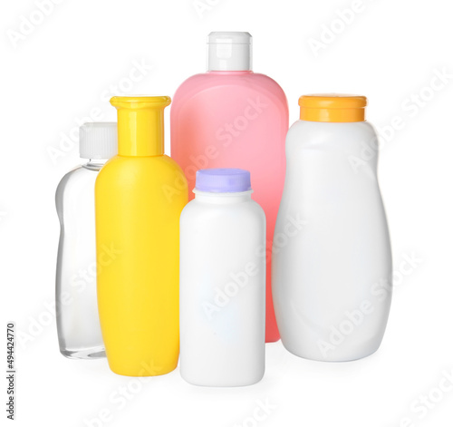 Set of baby cosmetic products on white background
