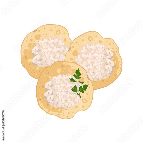 Pancake, delicious homemade pastry with cottage cheese and parsley for breakfast, Maslenitsa, carnival or holiday. Vector flat food illustration
