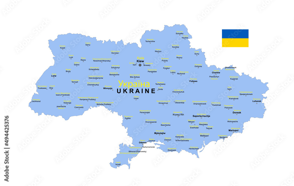 Obraz premium Ukraine Landkarte mit Städte Namen auf deutsch und ukrainisch und Landesflagge, Vektor Illustration isoliert auf weißem Hintergrund 