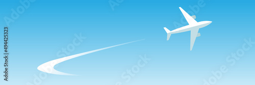 Turning plane flying in a blue sky, as he makes a turn with his wake. Vector banner