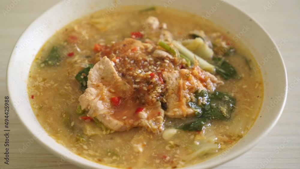 Sukiyaki Soup with Pork in Thai Style or  boiled vermicelli with pork and vegetables in sukiyaki soup - Asian food style