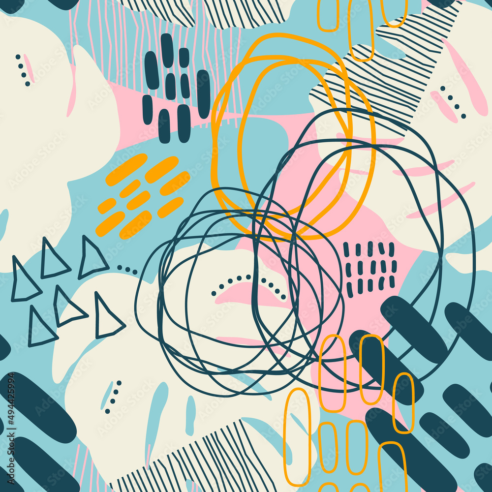 Fototapeta premium Stylish print, seamless pattern, background with hand-drawn shapes, strokes, doodles, a palm leaf. Stylish vector illustration 