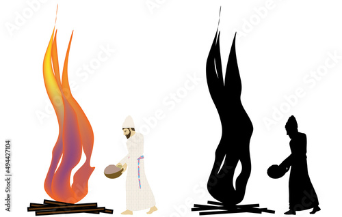 The Daily Offering  in the Temple. Observant Jewish art painting. Cohen - priest makes a sacrifice on the outer altar in Jerusalem. historitic. traditional. Colorful vector. Black silhouette. isolated