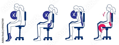 Wrong and right back position for human sitting on chair. Advice for reducing muscle tension and skeleton hurt during sedentary work