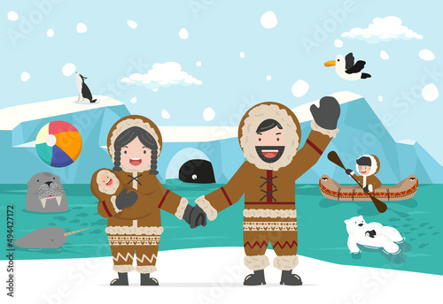 North Pole With Wild Animals And Eskimo background