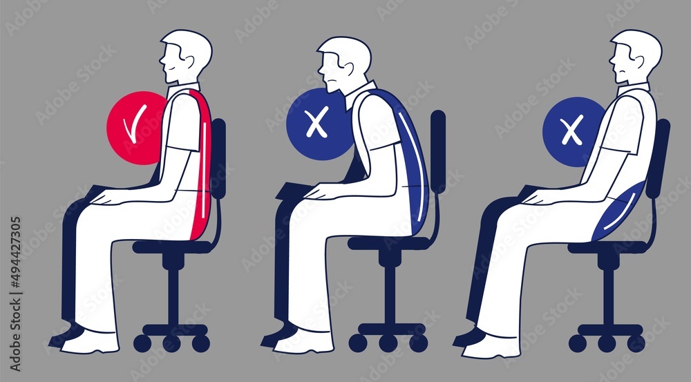 Correct and wrong sitting posture for workplace ergonomics. Spine and lumbar health benefit and care - obrazy, fototapety, plakaty 