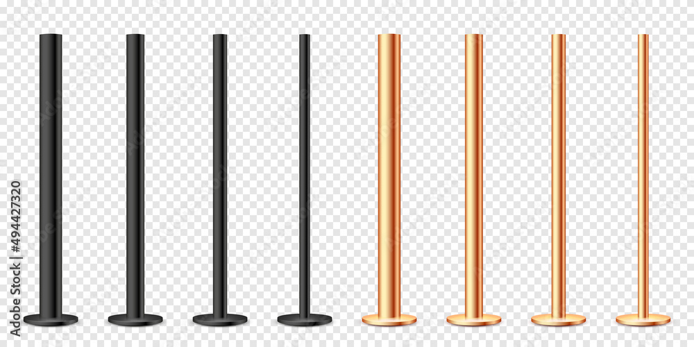 Realistic metal poles collection isolated on transparent background. Glossy bronze and steel pipes of various diameters. Billboard or advertising banner mount, holder. Vector illustration. - obrazy, fototapety, plakaty 