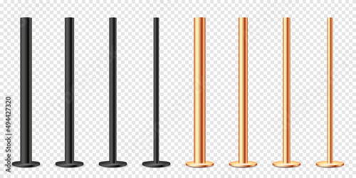 Realistic metal poles collection isolated on transparent background. Glossy bronze and steel pipes of various diameters. Billboard or advertising banner mount, holder. Vector illustration. photo