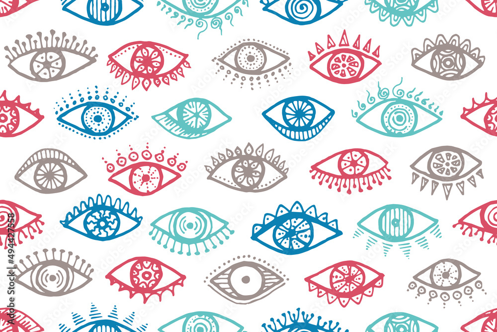 Doodle female eyes colorful seamless pattern. Pop