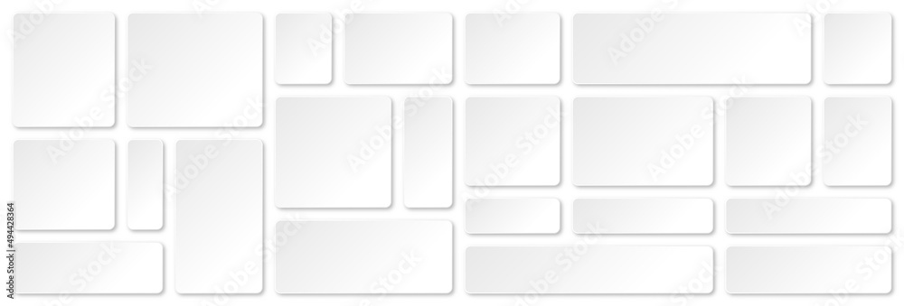 Set of blank paper banners with shadows isolated on white background. Adhesive stickers, labels with rounded corners. Vector illustration. Set of blank paper banners with shadows isolated on white background. Adhesive stickers, labels with rounded corners. Vector illustration.