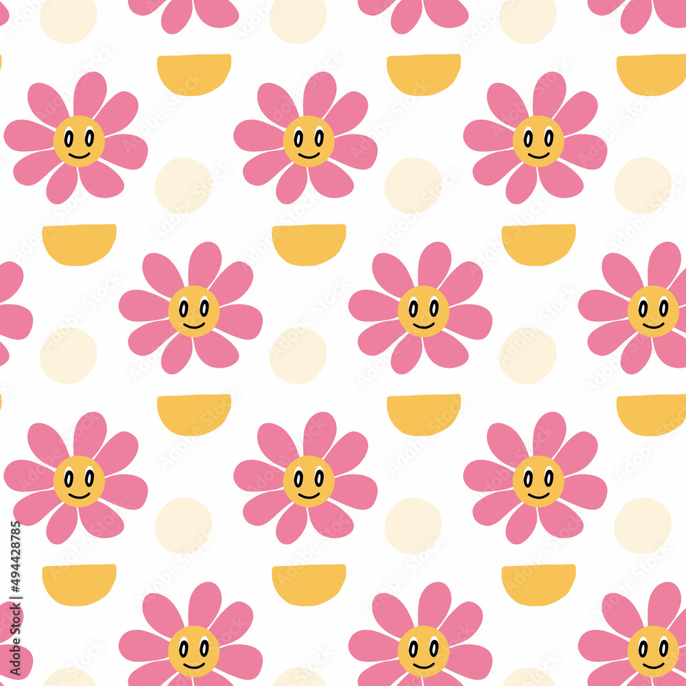 Seamless pattern with flowers in retro style. Cute pattern with groovy flowers. Vector illustration.