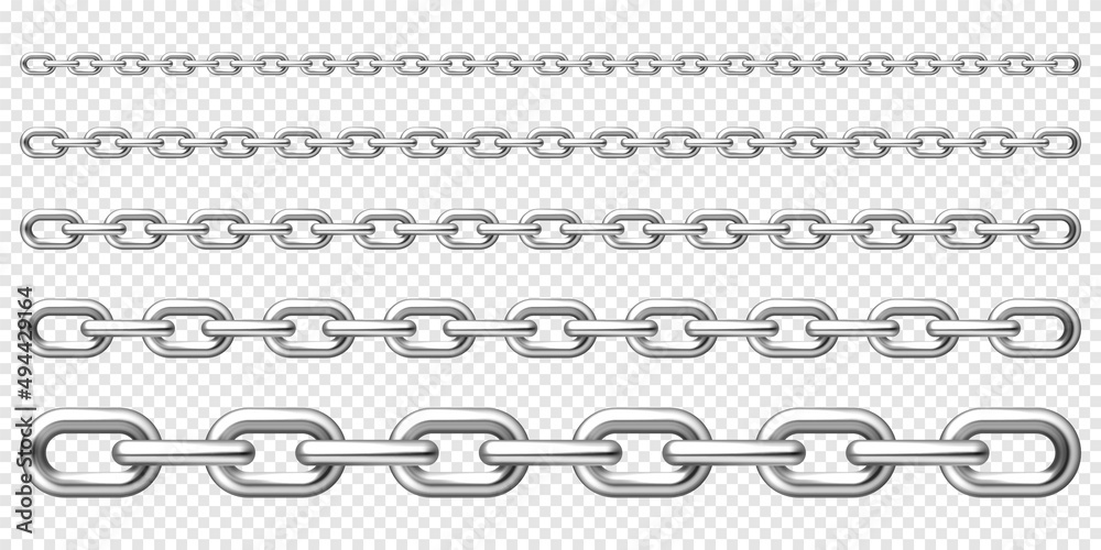Realistic metal chain with silver links on checkered background. Vector illustration.