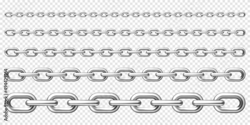 Realistic metal chain with silver links on checkered background. Vector illustration.