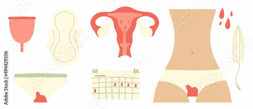 Female menstruation. Women with period and hygiene product tampon, sanitary pads and menstrual cup. Menstruation period, menstrual accessory tampon illustration.