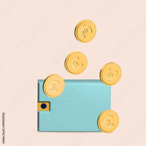 Gold coin and wallet floating on pink background. 3d holding wallet render for investment, bank, finance, investment, money wallet.