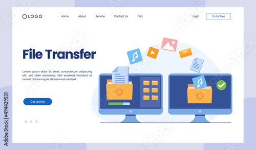 file transfer concept, backup data, document save on storage, technology cloud, upload and download, flat illustration vector landing page