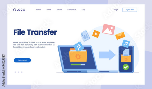 file transfer concept, backup data, document save on storage, technology cloud, upload and download, flat illustration vector landing page