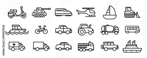 Set of modern transportation icon design. Simple public transport related vector line icons.