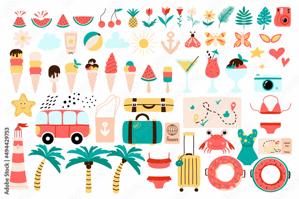 Big set of summer elements. Vector summer set with swimwear, ice cream, suitcases, cocktails, palm trees and more.
