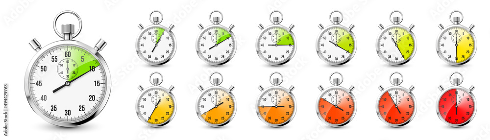 Realistic classic stopwatch icons. Shiny metal chronometer, time counter with dial. Red countdown timer showing minutes and seconds. Time measurement for sport, start and finish. Vector illustration Realistic classic stopwatch icons. Shiny metal chronometer, time counter with dial. Red countdown timer showing minutes and seconds. Time measurement for sport, start and finish. Vector illustration