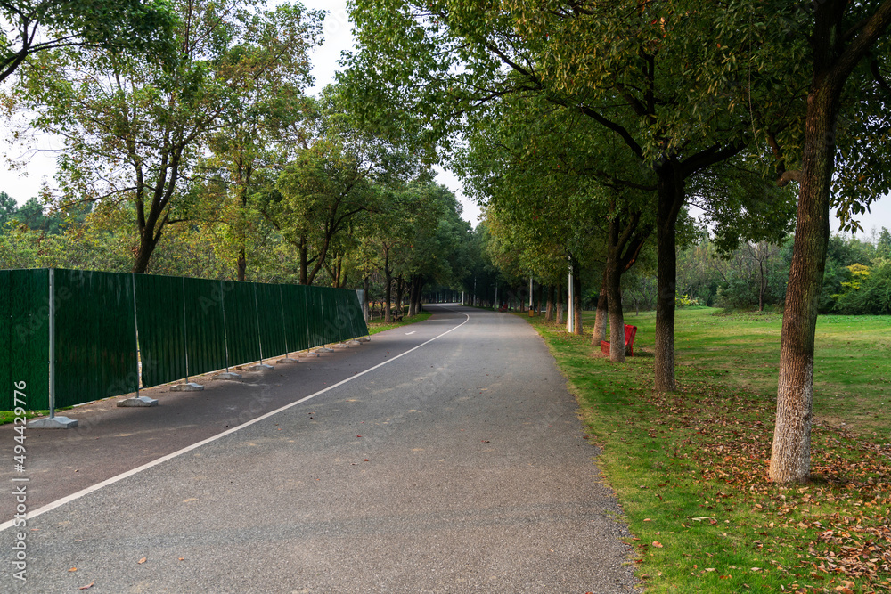 New pathway and beautiful trees track for running or walking and cycling relax in the park