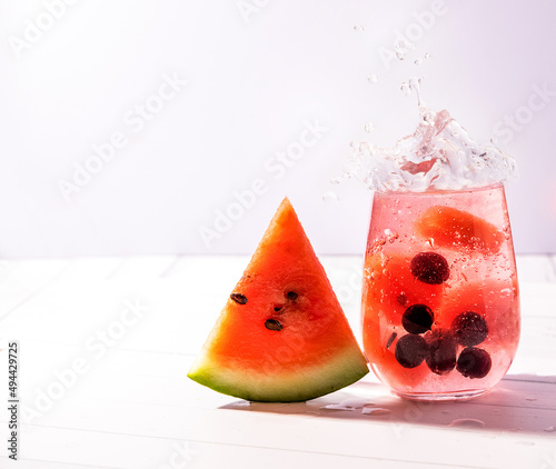 infused water with watermelon and blueberries, healthy eating, dieting, detox concept