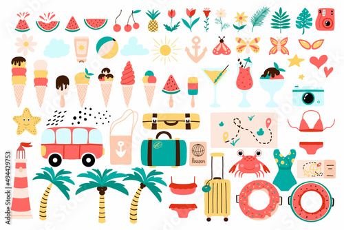 Big set of summer elements. Vector summer set with swimwear, ice cream, suitcases, cocktails, palm trees and more.