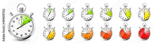 Realistic classic stopwatch icons. Shiny metal chronometer, time counter with dial. Red countdown timer showing minutes and seconds. Time measurement for sport, start and finish. Vector illustration