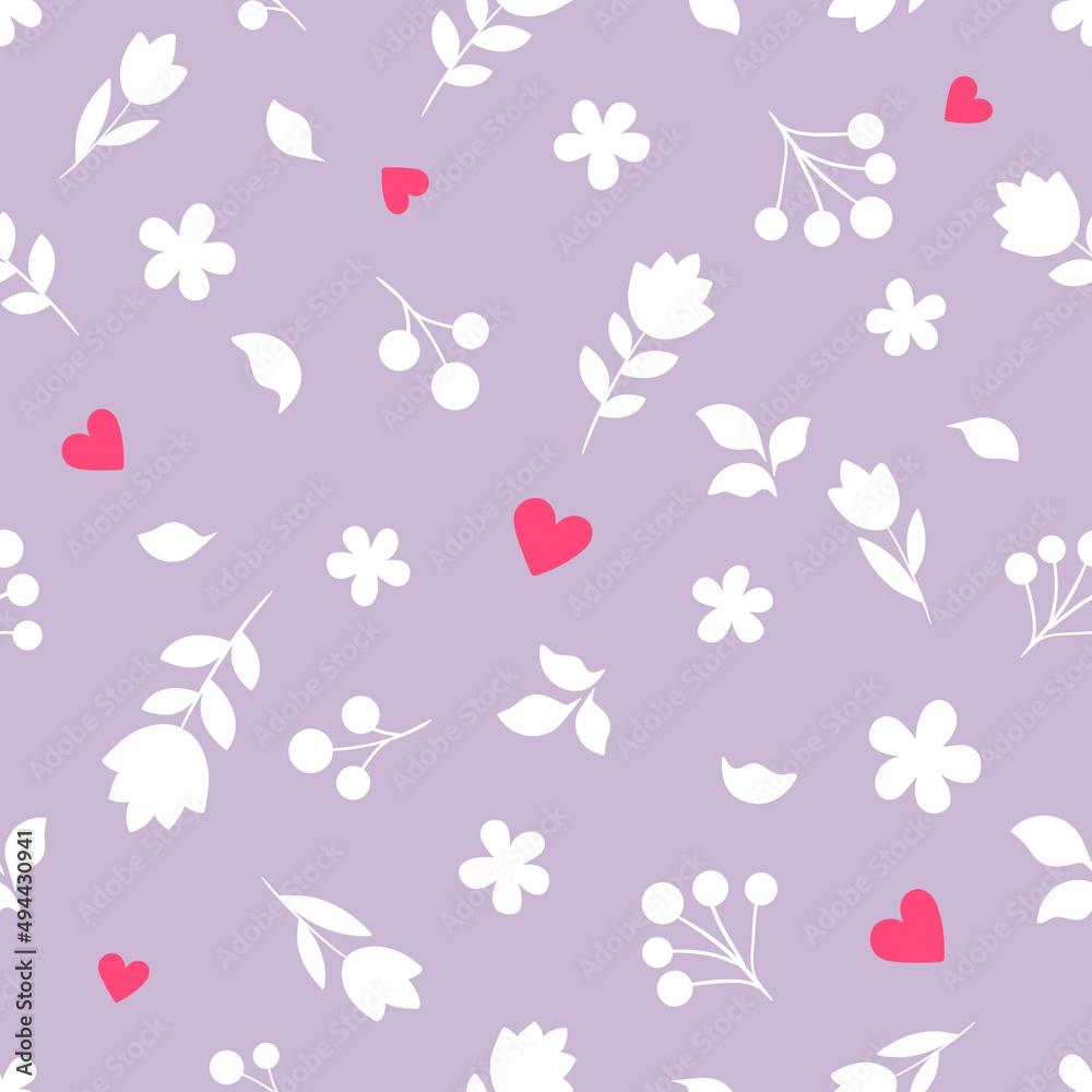 White flowers, leaves, berries and
red hearts on a light purple background. Spring doodle simple pattern. Suitable for wrapping paper, textile. White flowers, leaves, berries and
red hearts on a light purple background. Spring doodle simple pattern. Suitable for wrapping paper, textile.