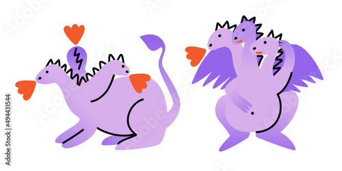 Vector pair of dinosaur serpents gornych with steam flying out of the mouth in the form of hearts