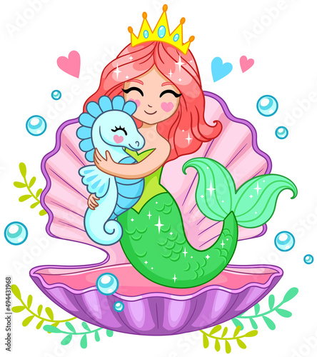 Cute mermaid hugging a seahorse in pink seashell. Vector illustration isolated on white