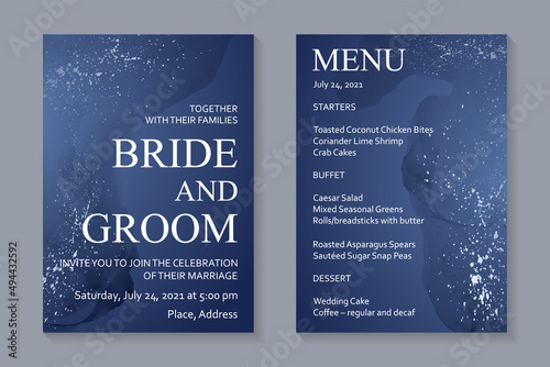 Modern watercolor background or elegant card design for birthday invite or wedding or menu with abstract navy blue ink waves and silver splashes.