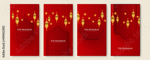 Eid ramadan mubarak background for social media stories template banners. Arabic islamic middle east lantern moon crescent mosque design for social media template