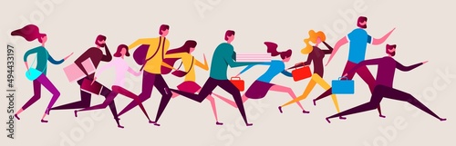 Busy people running and hurrying to do business. Man and woman rushing to work, study or shopping
