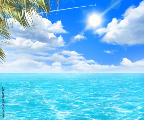 夏の爽やかな雲のある青い空と海のゆらめく波とヤシの木の美しいフレームイラスト素材