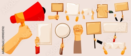 Protester hand holding megaphone, poster and board set. Public meeting, political strike or crowd demonstration concept