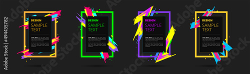 Set of neon vector frames for text and photos. Creative modern art graphics, stylish black background. Vector illustration