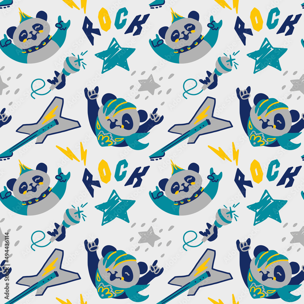 Little panda rockstar. Naive pattern for kid products. Vector illustration.
