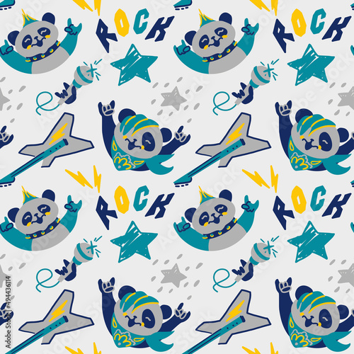 Little panda rockstar. Naive pattern for kid products. Vector illustration.
