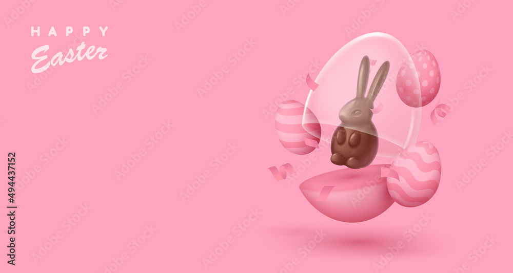 Banner with flying matte pink egg with glass dome and chocolate rabbit, bunny, serpentine, mini eggs. Happy Easter poster. Vector illustration for card, party, design, flyer, banner, web, advertising.