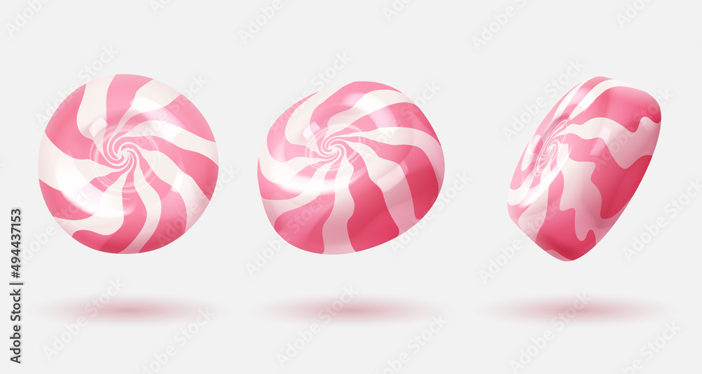 Set of three different sides sweet white glossy candies, lollipops with pink swirl, stripes. Look like 3d rendering. Vector illustration for card, party, flyer, poster, menu, banner, web, advertising. Set of three different sides sweet white glossy candies, lollipops with pink swirl, stripes. Look like 3d rendering. Vector illustration for card, party, flyer, poster, menu, banner, web, advertising.