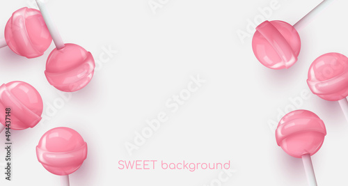 Banner with realistic pink glossy candies on a stick, lollipop with shadow. Look like 3d rendering. Vector illustration for card, party, design, flyer, poster, decor, banner, web, advertising.