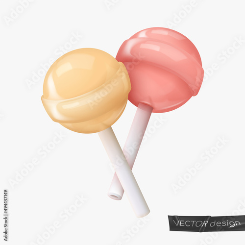 Two crossed realistic yellow, red glossy candy on a stick, lollipop, caramel. Look like 3d rendering. Vector illustration for card, party, design, flyer, poster, decor, banner, web, advertising.