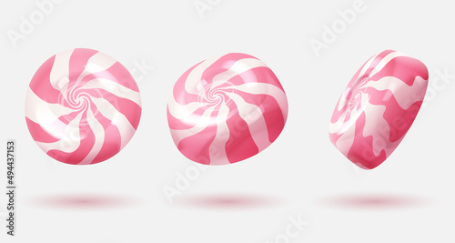 Set of three different sides sweet white glossy candies, lollipops with pink swirl, stripes. Look like 3d rendering. Vector illustration for card, party, flyer, poster, menu, banner, web, advertising.
