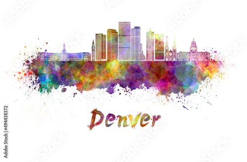 Denver skyline in watercolor splatters with clipping path
