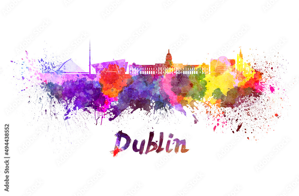 Naklejka premium Dublin skyline in watercolor