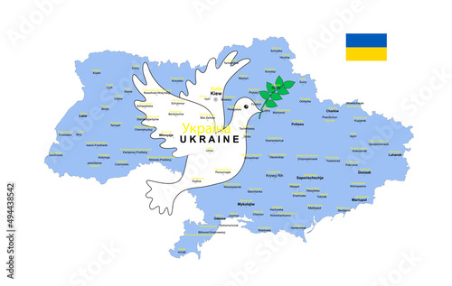 Frieden für Ukraine, 
Ukraine Landkarte mit Friedenstaube,
Städte Namen auf deutsch und ukrainisch,
Vektor Illustration isoliert auf weißem Hintergrund
