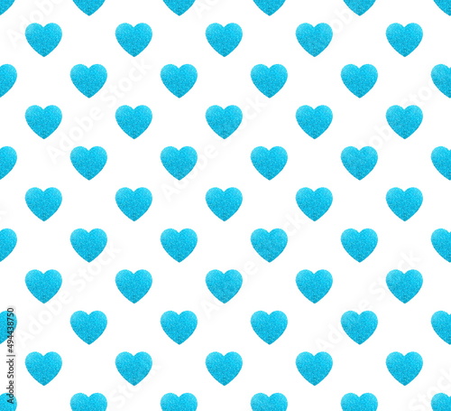 seamless pattern blue hearts glittering, shiny hearts on white background
